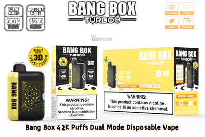 Bang Box Turbo disposable vape in yellow and black with Mexico Mango flavor; dual-mode 30K/42K puffs, 28ml, 750mAh, Type-C.