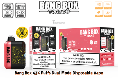 Bang Box Turbo dual‑mode disposable vape with 42K puffs, pink Sweet Cherry packaging and a red/black device.