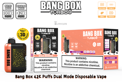 Bang Box Turbo disposable vape with pink/black boxes, 30K/42K puff modes, wild berries flavor, orange-accented device.