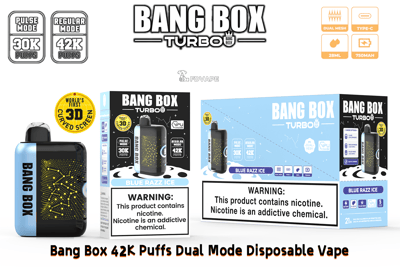 Bang Box Turbo disposable vape with blue device, black packaging, 30K/42K puffs, dual mesh, Type-C; Blue Razz Ice flavor.