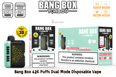 Bang Box Turbo dual-mode disposable vape with 42K/30K puffs; teal and black device beside blueberry watermelon packaging.