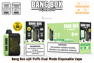 Bang Box Turbo dual‑mode disposable vape with 42K puffs, shown with a green/black device and Sour Apple Ice packaging.