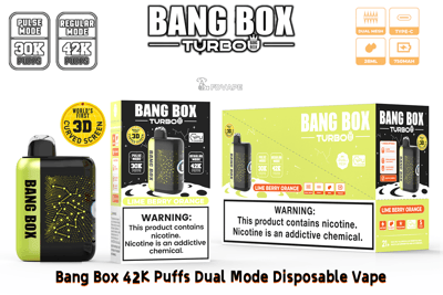 Bang Box Turbo dual-mode disposable vape in Lime Berry Orange; neon green device beside lime packaging with warning label.