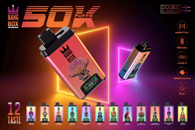 Bannière promotionnelle Bang Box 50X Puffs avec deux dispositifs de vape dégradés contre des cadres néon et 12 bouteilles d'arôme en bas.