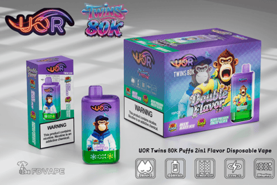 Purple disposable vape with a cartoon monkey wearing a blue hoodie, shown beside a large purple UOR Twins 80K box.