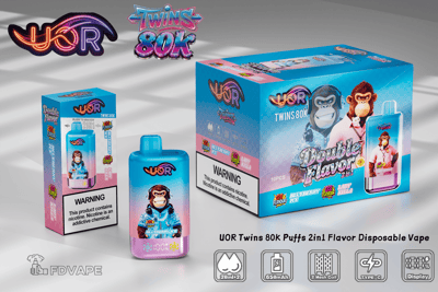 Blue gradient UOR Twins 80K disposable vape packaging and bottle with cartoon apes, labeled 2in1 Double Flavor Blueberry Ice.