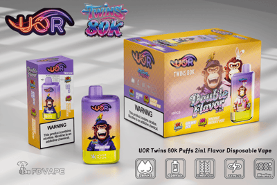 UOR Twins 80K disposable vape set with purple bottle and yellow 2in1 flavor box, featuring logos and a cartoon gorilla.