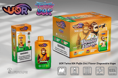 Orange and yellow UOR Twins 80K disposable vape packaging featuring a monkey mascot, with a bottle in front and a large 2in1 flavor box.