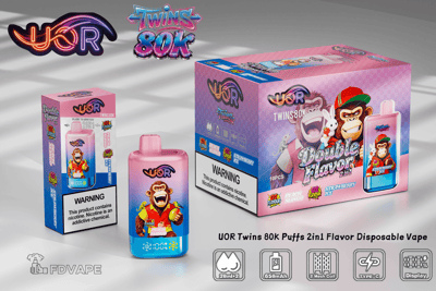 UOR Twins 80K Puff 2in1 Flavor Disposable Vape packaging with a pink gradient design and a cartoon monkey.