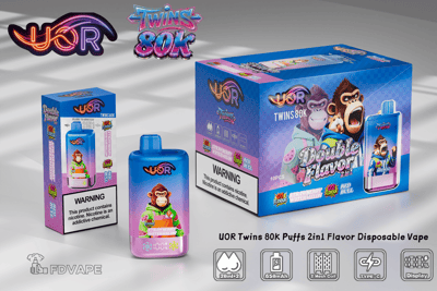 UOR Twins 80K 2in1 flavor disposable vape packaging featuring a blue bottle and a large box with monkey artwork.