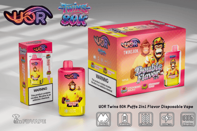 UOR Twins 80K 2in1 flavor disposable vape set with a pink–yellow bottle featuring a monkey mascot, displayed beside a large pink box.