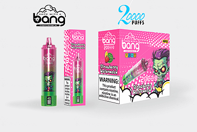 Emballage de vape jetable Bang avec un thème coloré « Fraise Pastèque », comportant un personnage de dessin animé zombie, une étiquette de 20 000 bouffées et un texte d'avertissement sur la nicotine.
