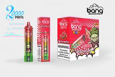 Watermelon-flavored disposable vape packaging with "Bang" branding, featuring a cartoon green character, 20000 puffs label, and nicotine warning.