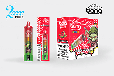 Emballage de vape jetable au goût de pastèque avec la marque « Bang », comportant un personnage de dessin animé vert, une étiquette de 20 000 bouffées et un avertissement de nicotine.