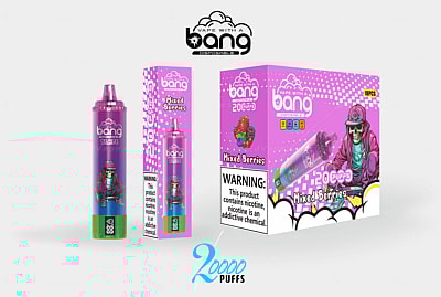 Bang Disposable Vape packaging for "Mixed Berries" flavor, featuring a purple vape device, warning labels, and colorful graphics with a graffiti-style skeleton character. The product highlights "20,000 puffs" and nicotine content.