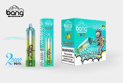 Disposable vape pen "Bang" with 20,000 puffs, featuring kiwi passion fruit pomegranate flavor, colorful packaging, and a zombie cartoon design.