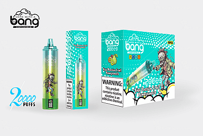 Stylo vape jetable « Bang » avec 20 000 bouffées, avec une saveur de kiwi, de fruit de la passion et de grenade, un emballage coloré et un design de dessin animé zombie.