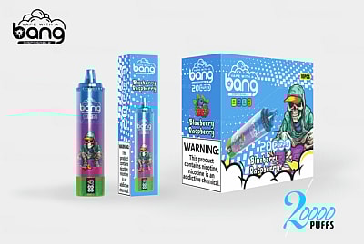 Vape With A Bang disposable vape packaging featuring a blueberry raspberry flavor, 20000 puffs, and a bold design with a skeleton character in a hoodie.