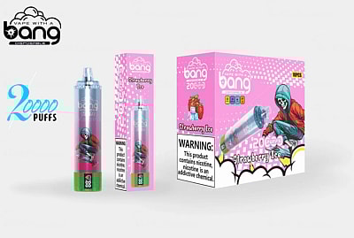 Bang disposable vape, Strawberry Ice flavor, 20000 puffs, with colorful packaging featuring a hooded skeleton skateboarder illustration.