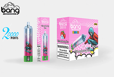 Vape jetable Bang, saveur Strawberry Ice, 20 000 bouffées, avec un emballage coloré représentant une illustration de skateboarder squelette à capuche.