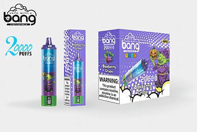 Bang disposable vape packaging featuring a "Blueberry Grape" flavor, with a green and purple goblin holding a pumpkin. The vape advertises "20000 Puffs" and includes nicotine warning labels. The design is predominantly purple with comic-style graphics.
