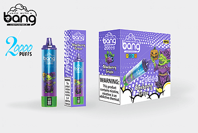 Emballage de vape jetable Bang avec une saveur « Blueberry Grape », avec un gobelin vert et violet tenant une citrouille. La vape annonce « 20000 Puffs » et comprend des étiquettes d'avertissement sur la nicotine. Le design est principalement violet avec des graphismes de style bande dessinée.