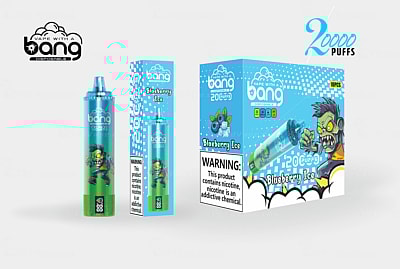 A packaging design for a disposable vape product named "Bang Blaze" featuring a blue and green color scheme. The package depicts a cartoonish zombie character and highlights the flavor "Blueberry Ice" with a warning about nicotine. The product is advertised with "2000 puffs" and mentions a quantity of "10 pcs."