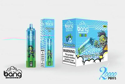 A disposable vape device and its packaging labeled "Bang Blaze" with a "Blueberry Ice" flavor, featuring a cartoon character with a green zombie-like appearance. The package indicates it contains 20,000 puffs, and includes a warning about nicotine.