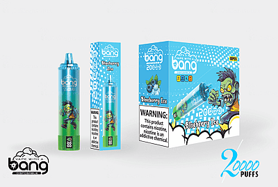 Un dispositif de vapotage jetable et son emballage étiqueté « Bang Blaze » avec une saveur « Blueberry Ice », représentant un personnage de dessin animé avec une apparence de zombie vert. L'emballage indique qu'il contient 20 000 bouffées et comprend un avertissement concernant la nicotine.