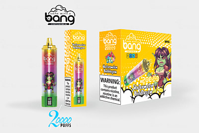 Bang disposable vape packaging featuring a "Watermelon Bubblegum" flavor with "20,000 puffs" capacity, vibrant design, and a cartoon goblin character.