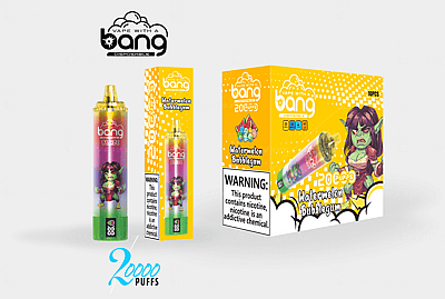 Emballage de vape jetable Bang avec une saveur « Watermelon Bubblegum » avec une capacité de « 20 000 bouffées », un design dynamique et un personnage de gobelin de dessin animé.