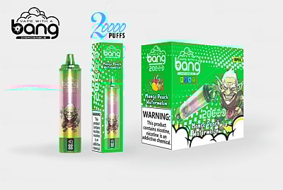 Bang disposable vape device with "Mango Peach Watermelon" flavor, 20,000 puffs, displayed alongside its packaging featuring a cartoon character and nicotine warning label.