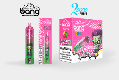 Bang Disposable Vape packaging with a colorful "Strawberry Watermelon" theme, featuring a zombie cartoon character, 20000 puffs label, and nicotine warning text.