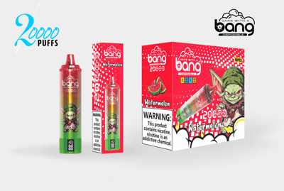 Watermelon-flavored disposable vape packaging with "Bang" branding, featuring a cartoon green character, 20000 puffs label, and nicotine warning.