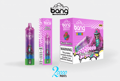 Bang Disposable Vape packaging for "Mixed Berries" flavor, featuring a purple vape device, warning labels, and colorful graphics with a graffiti-style skeleton character. The product highlights "20,000 puffs" and nicotine content.