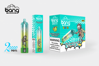 Disposable vape pen "Bang" with 20,000 puffs, featuring kiwi passion fruit pomegranate flavor, colorful packaging, and a zombie cartoon design.