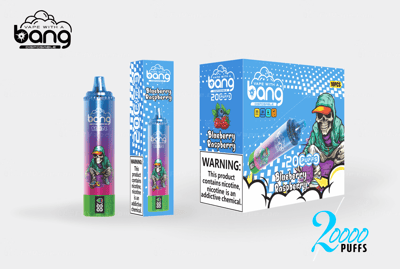 Vape With A Bang disposable vape packaging featuring a blueberry raspberry flavor, 20000 puffs, and a bold design with a skeleton character in a hoodie.