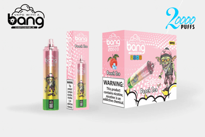 Bang disposable vape device with "Peach Ice" flavor, 20,000 puffs, displayed with pink packaging featuring a cartoon character and nicotine warning label.