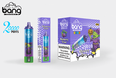 Bang disposable vape packaging featuring a "Blueberry Grape" flavor, with a green and purple goblin holding a pumpkin. The vape advertises "20000 Puffs" and includes nicotine warning labels. The design is predominantly purple with comic-style graphics.