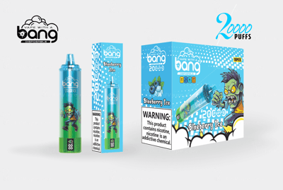 A packaging design for a disposable vape product named "Bang Blaze" featuring a blue and green color scheme. The package depicts a cartoonish zombie character and highlights the flavor "Blueberry Ice" with a warning about nicotine. The product is advertised with "2000 puffs" and mentions a quantity of "10 pcs."