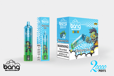 A disposable vape device and its packaging labeled "Bang Blaze" with a "Blueberry Ice" flavor, featuring a cartoon character with a green zombie-like appearance. The package indicates it contains 20,000 puffs, and includes a warning about nicotine.