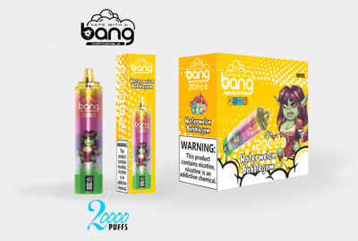 Bang disposable vape packaging featuring a "Watermelon Bubblegum" flavor with "20,000 puffs" capacity, vibrant design, and a cartoon goblin character.