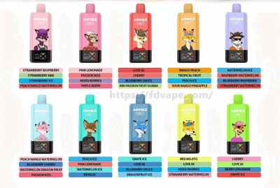 Twelve colorful Airmez 4-in-1 vaping devices arranged in a grid, each featuring a unique stylized fox illustration on the body and stacked colored bars beneath listing multiple flavor names (examples include strawberry raspberry, peach mango watermelon, pink lemonade, blueberry on ice, mango peach, watermelon ice, grape ice, red mojito and cherry).