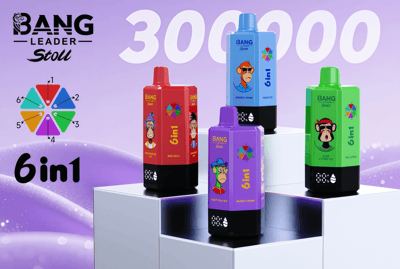 Five bright 6in1 Bang Leader detergent bottles with cartoon monkeys, arranged on white steps against a purple background.