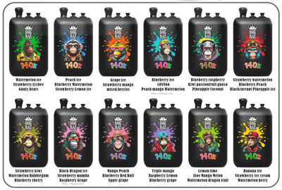 A grid of black Bang Blaze 140K vape bottles featuring cartoon monkeys with colorful splash backgrounds and flavor labels.