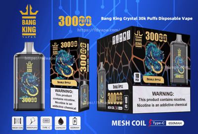 Promotional image for the Bang King Crystal 30k Puffs Disposable Vape featuring Double Apple flavor, highlighting a detailed dragon design on the packaging alongside product specifications such as mesh coil, Type-C charging, 650mAh capacity, and 3000 puffs.
