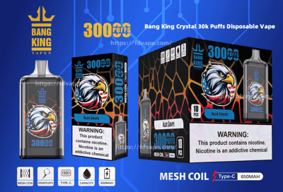 Promotional image for the Bang King Crystal 30k Puffs Disposable Vape in Aloe Grape flavor, featuring a close-up product illustration, packaging boxes, and highlighted features like mesh coil, 30000 puffs capacity, Type-C charging, and 650mAh power, all against a blue background.