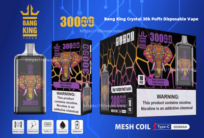 Product packaging for Bang King Crystal 30k Puffs Disposable Vape featuring colorful elephant imagery and branding, with specifications highlighted on a blue digital background.