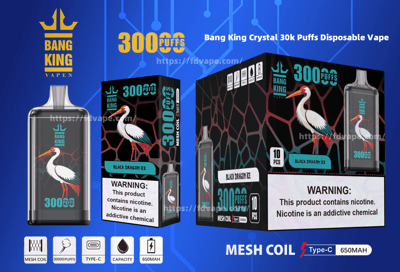 Promotional image for the Bang King Crystal disposable vape featuring the Black Dragon Ice flavor with 30,000 puffs capacity, mesh coil design, and 650mAh Type-C rechargeable battery.
