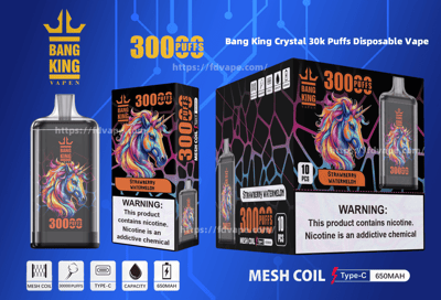 Promotional graphic for Bang King Crystal 30k Puffs Disposable Vape featuring vibrant packaging with a unicorn design and key details such as its 30000-puff capacity, mesh coil, Type-C charging, and a nicotine addiction warning.